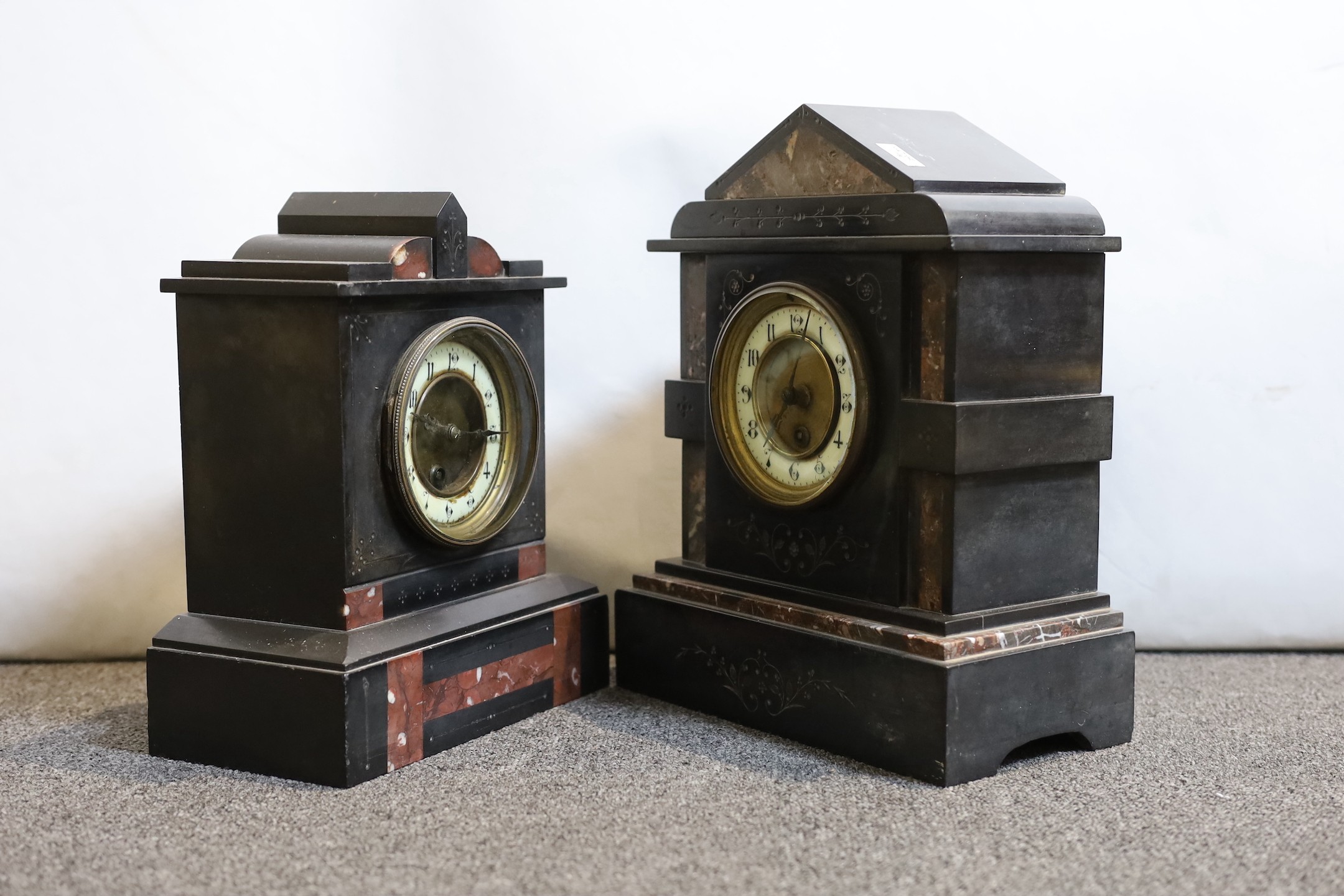 Two Victorian marble and black slate mantel clocks, tallest 32cm
